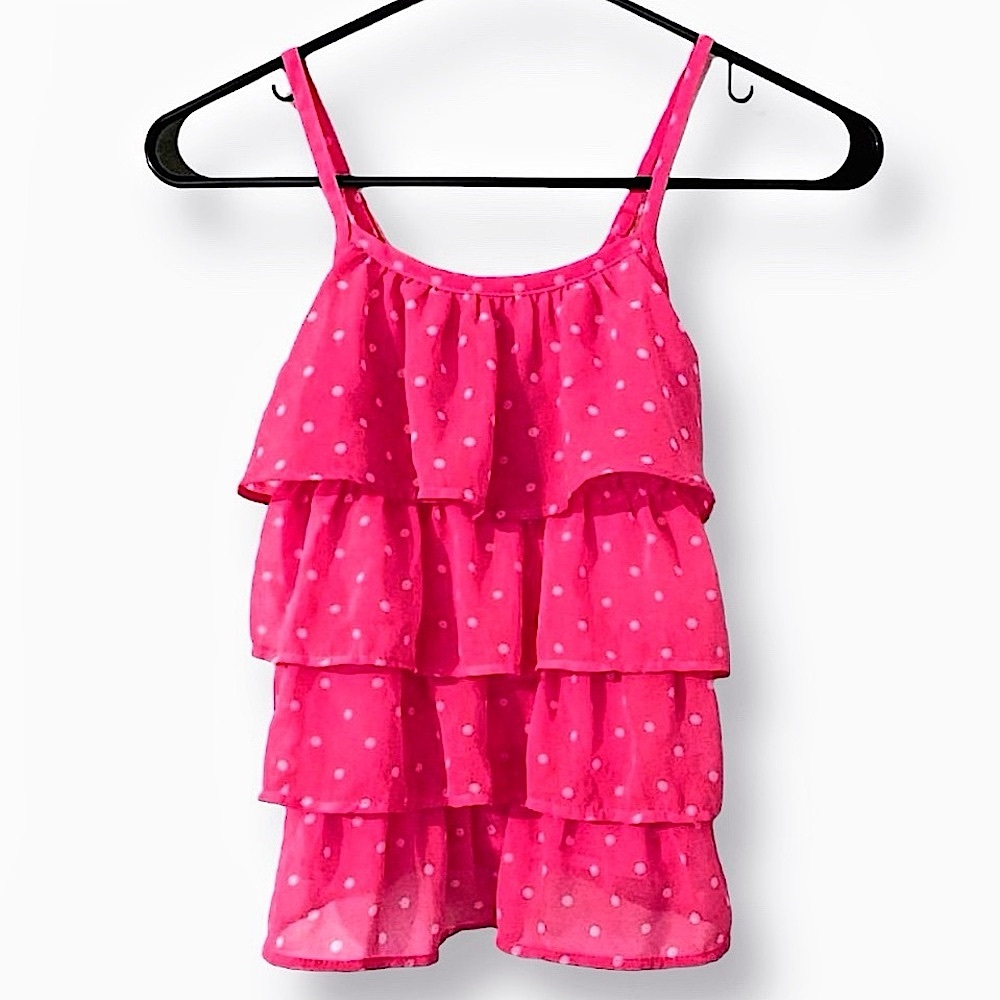Cherokee Girls Bright Pink Polka Dot Ruffle Spaghetti Strap Top XS(4/5) NEW